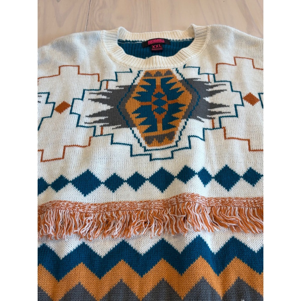 Rock & Roll Cowgirl XXL Southwestern Fringe Sweater Cream Aztec Boho Western